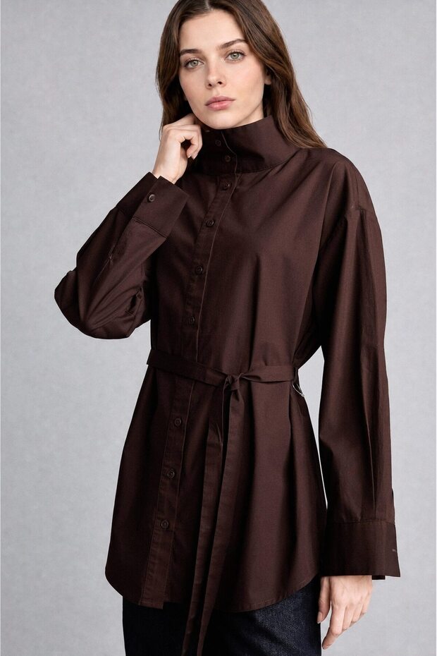 100% Cotton Regular Fit High Neck Belted Poplin Long Sleeve Tunic H3217Ax26Au