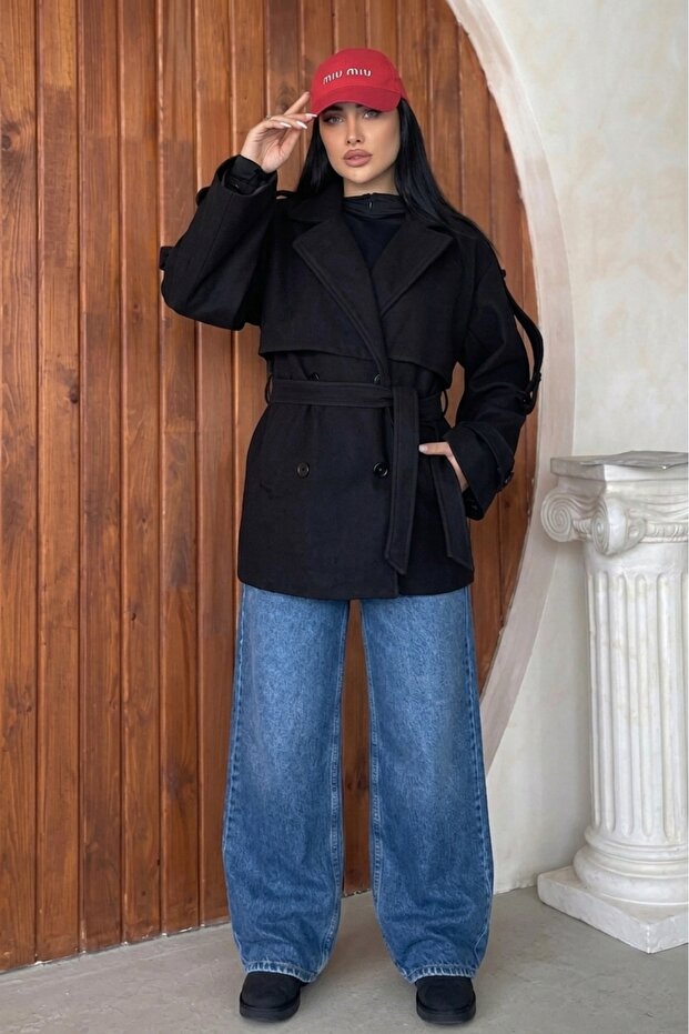 Agli̇mmer Pb Women's Cape Collar Belted Short Lined Black Cashmere Coat
