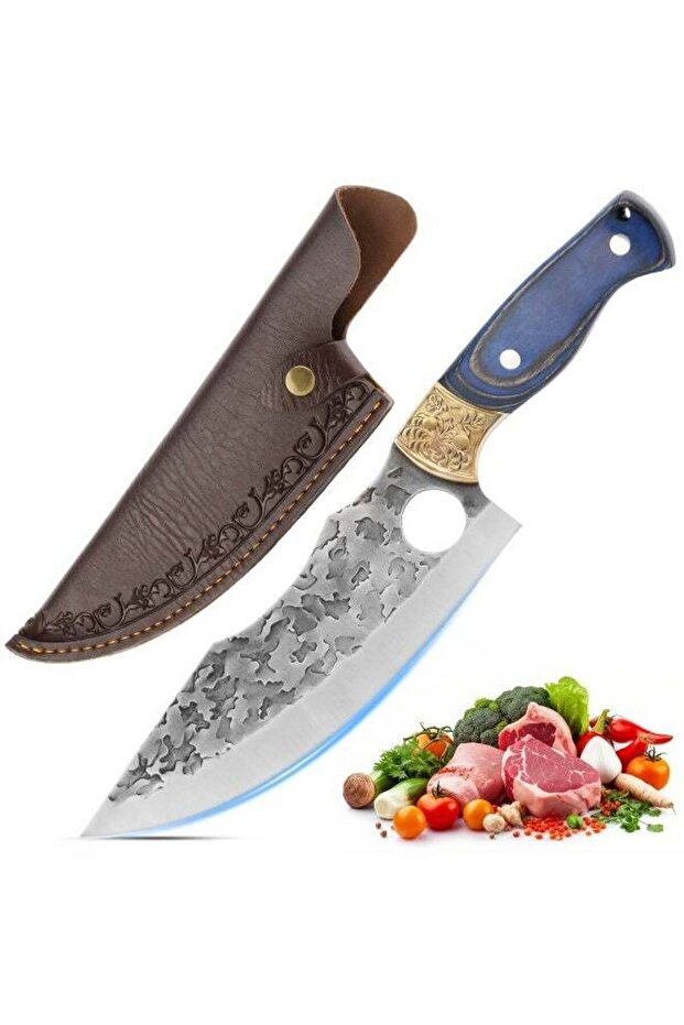 Hammered Viking Knife 7 Inch, Hand-Forged Butcher Knife with Sheath, Kitchen Chef Knives, High Carbon Steel, Suitable for Home, Outdoor, Camping, BBQ, Restaurant