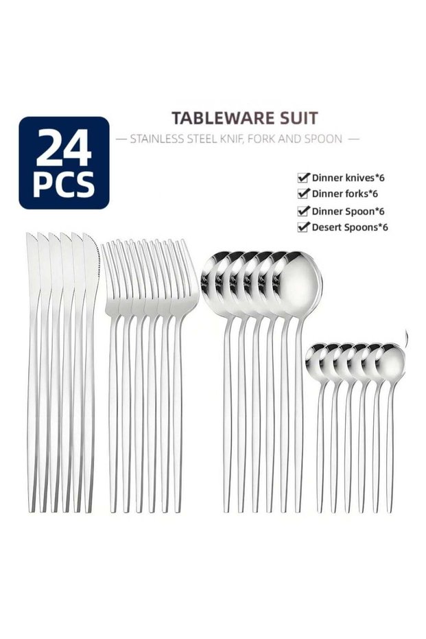 24-Piece Silverware Set, Stainless Steel Flatware Tableware Set for 6, Eating Dinner Utensils for Home Restaurant Party, Include Spoons, Fork, Knife, Square Edge & Mirror Finish, Dishwasher Safe