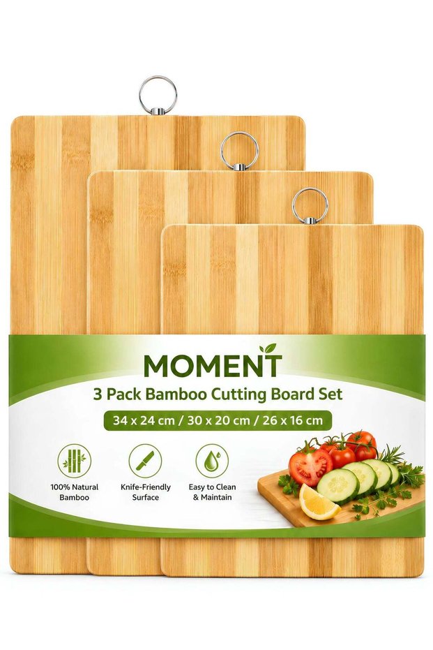 3-Piece Bamboo Cutting Board Set with Stainless Steel Handles, Wooden Chopping & Serving Boards for Meat, Vegetables, Fruit & Cheese, 3 Sizes
