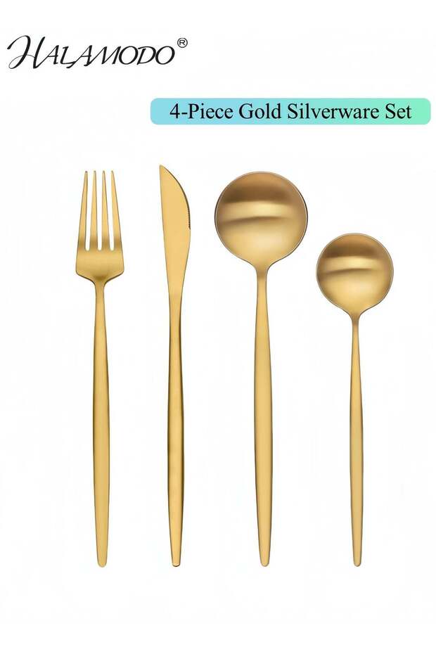 4-Piece Gold Silverware Set, Cutlery Set, Stainless Steel Flatware Set Include Spoons Forks Knives Tableware Utensil Set for Kitchen Home Restaurant