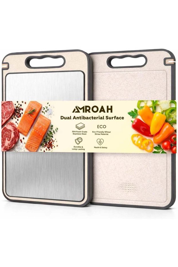 Large Cutting Board Double Sided with a Built-in Knife Sharpener Wheat Straw & Stainless Steel 304, Big Non-Slip Kitchen Chopping Board with Handless for Meat Bread Cheese Vegetable Chiken BBQ