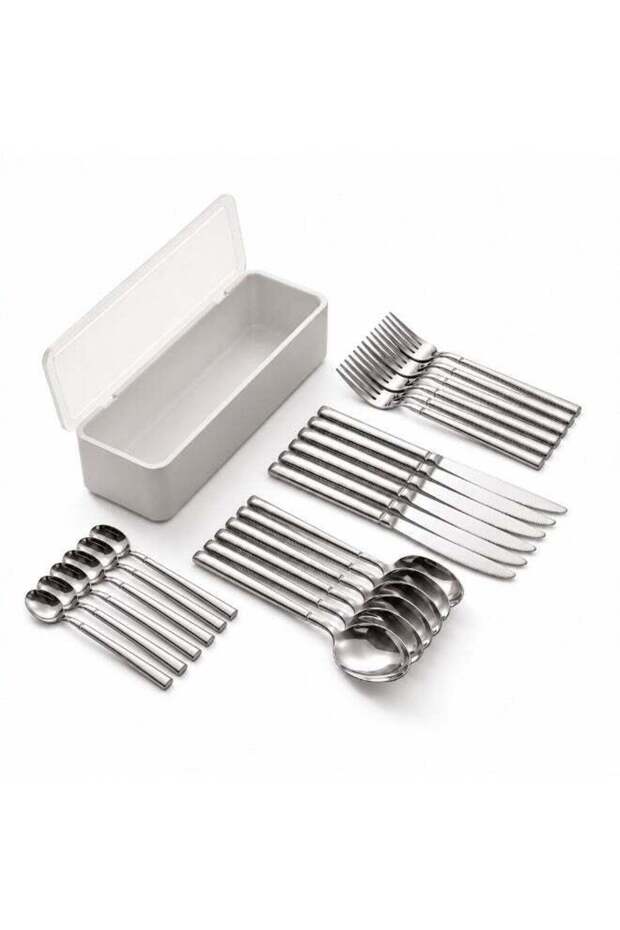 24-Piece Stainless Steel Cutlery Set with Drainage Storage Box, 6 Dinner Knives + 6 Forks + 6 Spoons + 6 Dessert Spoons, Mirror Polished Flatware for 6, Kitchen Utensils Organizer Included