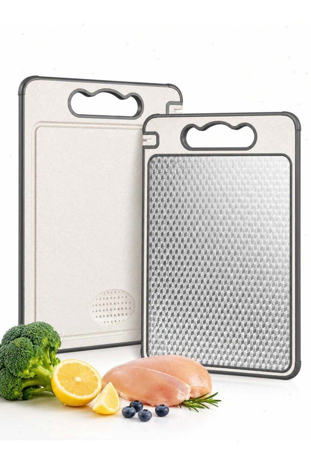 Cutting Board, Double Sided 304 Stainless Steel and Wheat Straw PP Chopping Board with Knife Sharpener, Juice Groove and Non Slip Edge, 36.5 x 24.8 cm