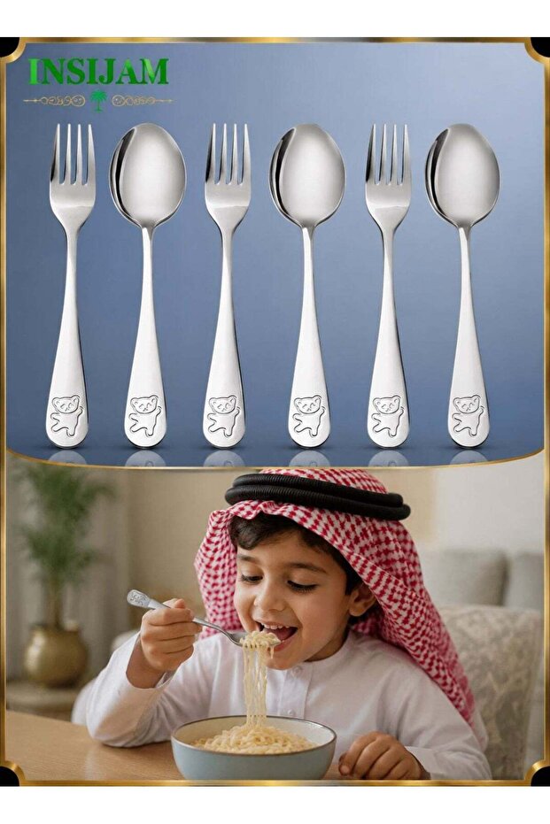 Kids Stainless Steel Fork Spoon Set 6PC – Toddler Safe Flatware with Bear Design, Self-Feeding Children Utensils Dishwasher Safe for Home School Lunch