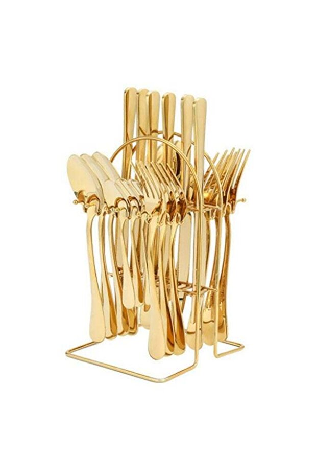 24 Pieces Tableware Set with Holding Stand, Stainless Steel Cutlery Set Flatware Utensils Including Steak Knife/Fork/Spoon Gold