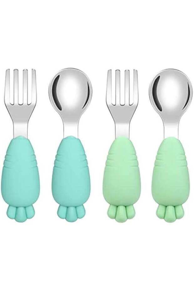 4 Toddler Stainless Steel Baby Utensils Set in Blue and Green for Learning to Use NonToxic BPA Free Fork and Spoon