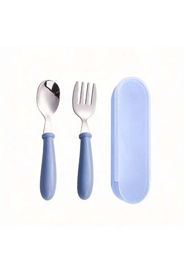 Beram Children Cutlery Set Utensils Set 2 PCS Kids Cutlery Set Baby Spoon Spoon and Fork Portable Tableware with Plastic Case 304 Stainless Steel BPA Free Dishwasher Safe Blue
