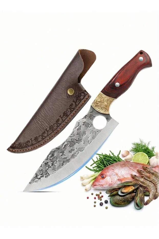 Kitchen Knife Chef's Knife Viking Knife,Hand-forged Butcher Knife,with Sheath,Solid Wood Handle,Engraved Brass Ferrule,5Cr13 High-carbon Steel,for Kitchen,Outdoor,Camping,Barbecue, Restaurant