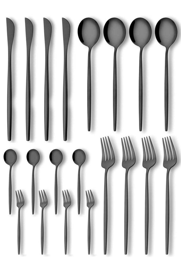 20-Piece Black Silverware Set, Stainless Steel Flatware Cutlery Set Service for 4, Mirror Polished Eating Utensils Include Knives Forks Spoons for Home Kitchen Party (Dishwasher Safe)