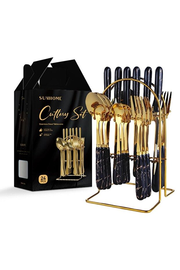 SUNHOME 24-Piece Stainless Steel Cutlery Set Kitchen Utensil Set Western Tableware Suitable For Home Kitchen Restaurant Hotel Party Dining Picnic Dining Exquisite Packaging Gift Gold/Black