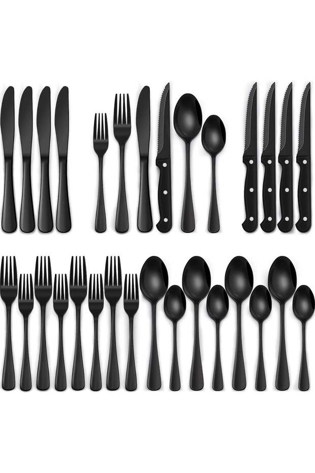 24-Piece Black Silverware Set with Steak Knives, Stainless Steel Flatware Set for 4, Mirror Polished Cutlery Set, Food-Grade Tableware Utensils for Home Kitchen Restaurant
