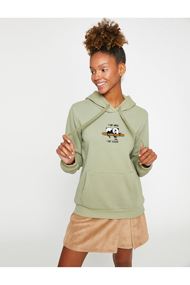 Three Threaded Hooded Kangaroo Pocket Panda Printed Sweatshirt