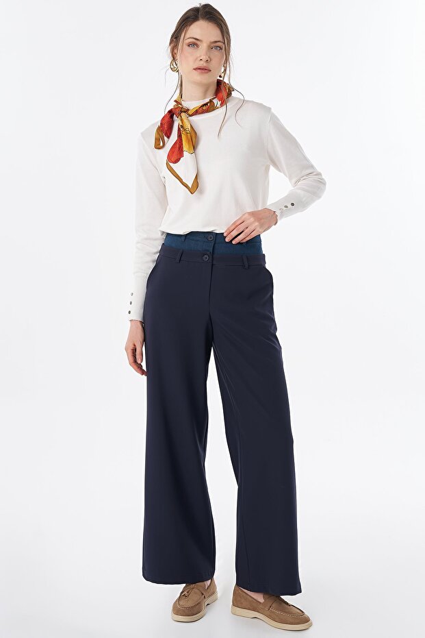 Double Waist Detailed Trousers Navy Blue
