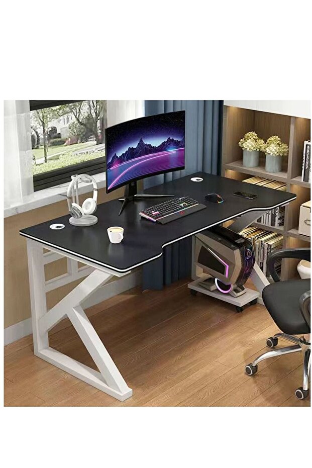 Ergonomic K-Shape Gaming Desk with Carbon Fiber Texture,Movable Computer Table with Cable Management