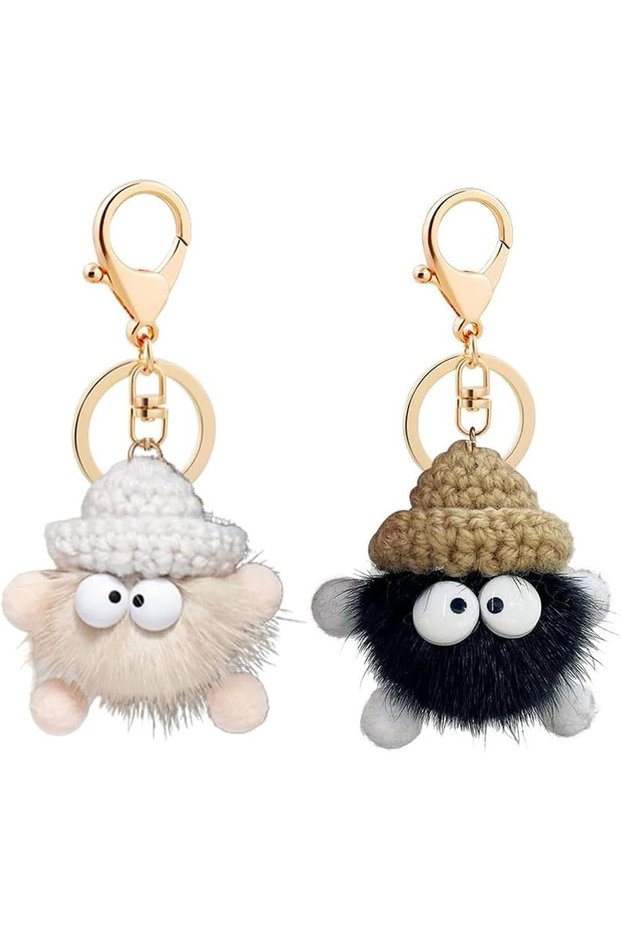 2 PCS Cute Plush Keychain,Fluffy Woolen Ball Pendant with Big Eyes,Soft Bag and Car Accessory,Black and White