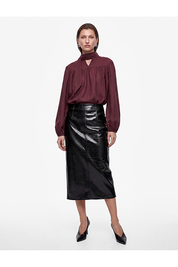 Long Sleeve Tie-Up Stand Collar Oversized Blouse