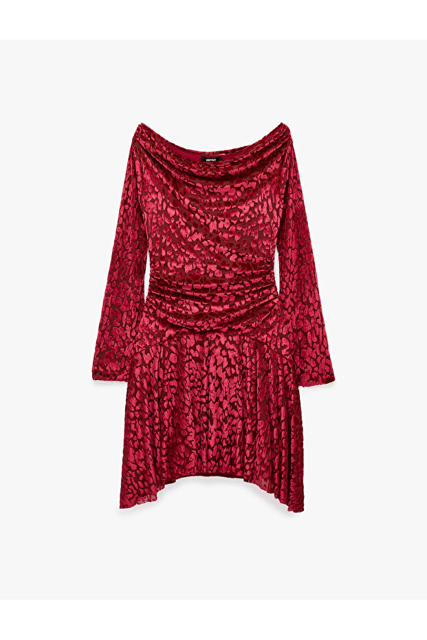 Slim Fit Long Spanish Sleeves Textured Off the Shoulder Boat Neck Asymmetrical Tulle Mini Dress