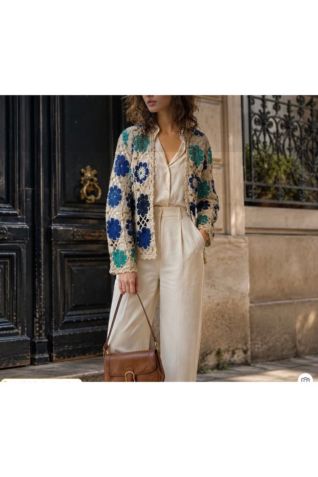 Megahan Summer Bohemian Motif Hand-Knitted Crochet Motif Cardigan