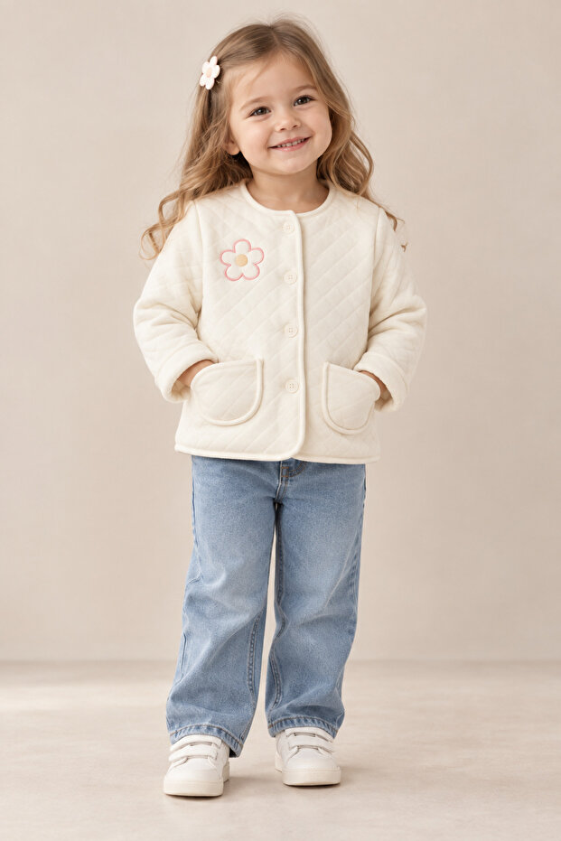 Baby Girl Quilted Double-Layered Padded Ecru Floral Detailed Spring Coat