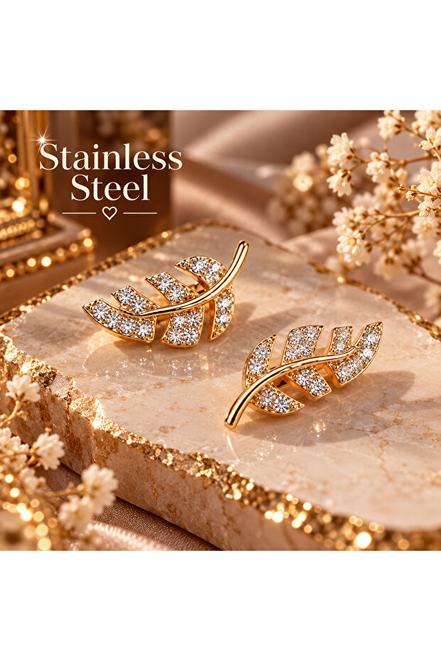 Gold Color Leaf Pattern Steel Earrings with Zircon Stone