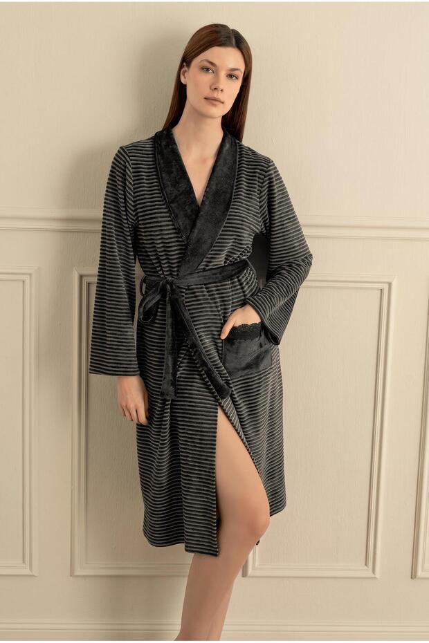 Women's Long Sleeve Velvet Anthracite Long Dressing Gown C4T3N081