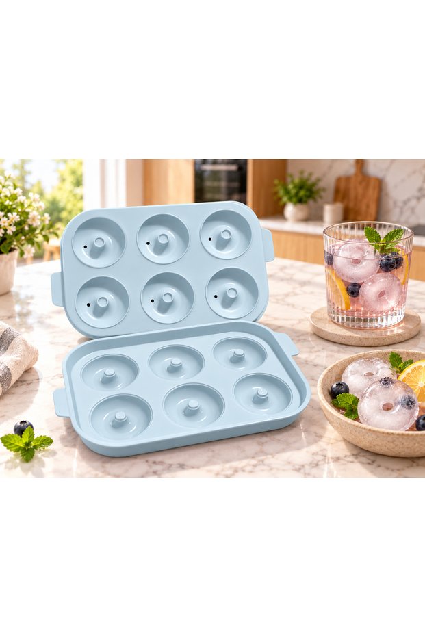Donut Ice Mold 6-Piece Ring Ice Tray with Lid – Donut Shaped Ice Mold for Drinks and Cocktails Blue