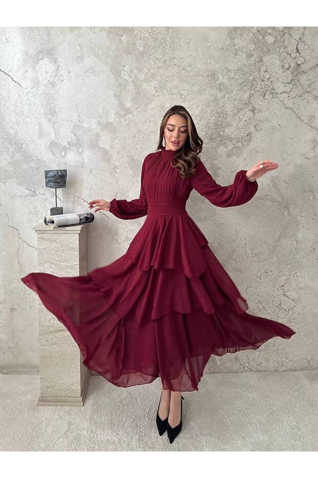 Women's Layered Detailed Long Tulle Wedding Engagement Marriage Invitation Graduation Dress