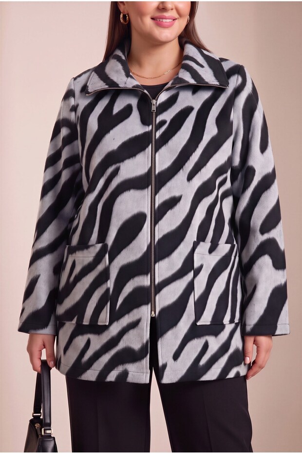 Leopard Patterned Unlined Large Size Cashmere Coat Gray