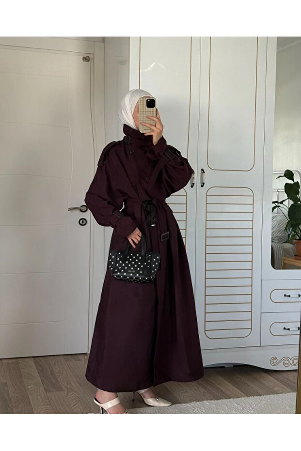 Burgundy Belted Premium Oversize Long Trench - 8646