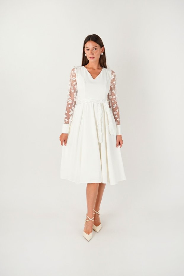 Double Fabric 3D Floral Sleeve Dress - White