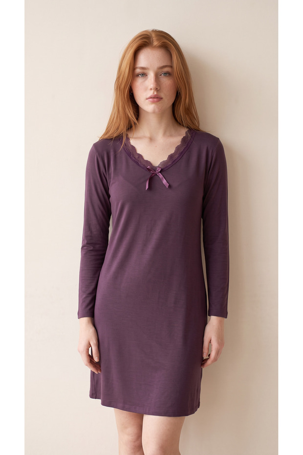 Plum Viscose Lace Detailed Long Sleeve Women's Dress
