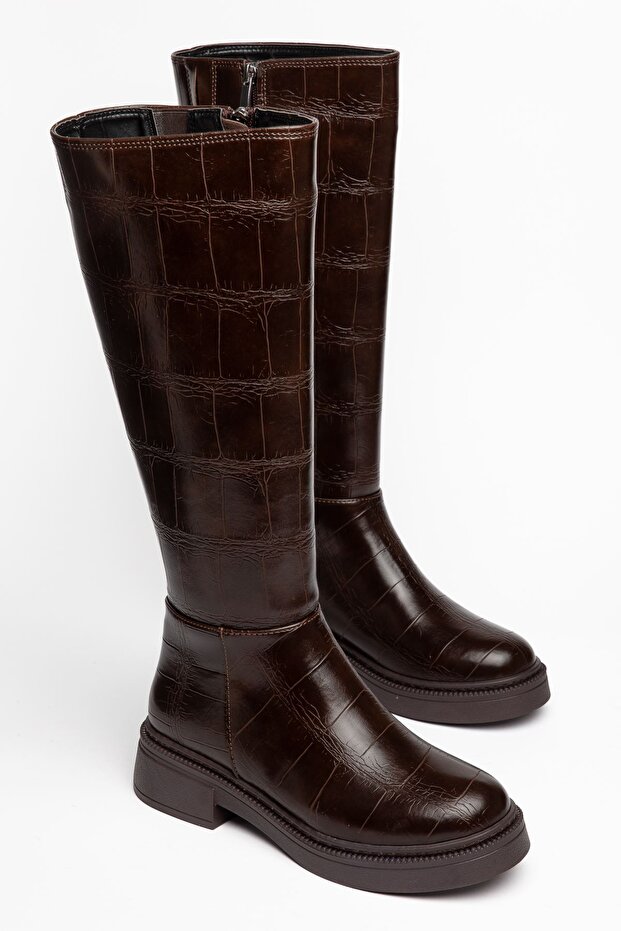 Women's Brown Crocodile Skin Zipper Detailed Casual Boots