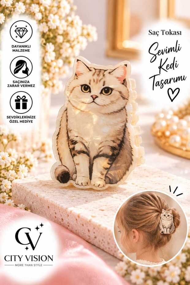 6 cm Bone Acetate Hair Clip with Real Cat Figure and Illustration - Stylish, Durable, Fun