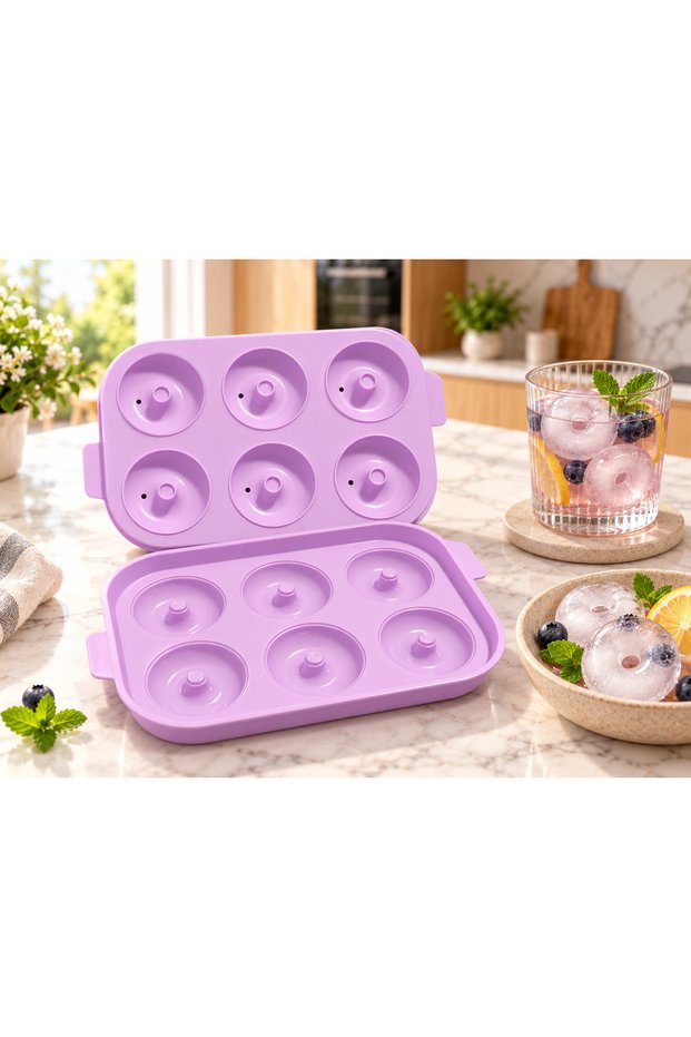 Donut Ice Mold 6-Piece Ring Ice Tray with Lid – Donut Shaped Ice Mold for Drinks and Cocktails Purple