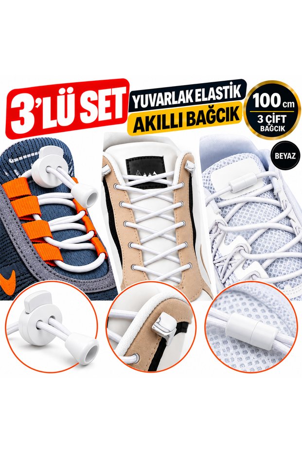 Set of 3 Round Elastic Smart Laces 100 cm – Smart, with Metal Clips, Screw-On – White