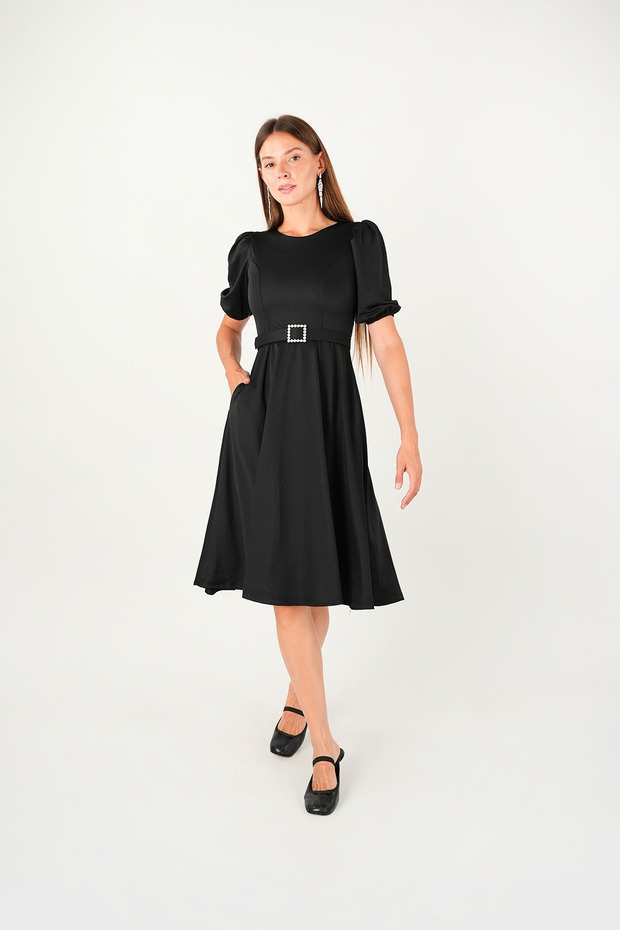 Crepe fabric dress with belt detail - black