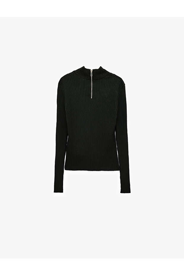 Half Zipper Detailed High Neck Long Sleeve Ribbed Knit Sweater