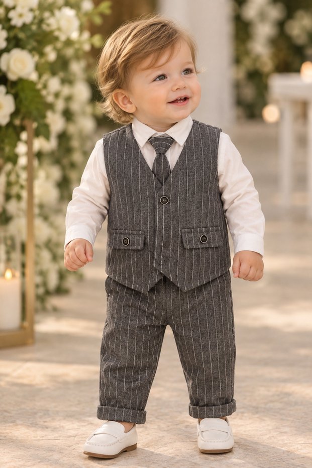 Baby Boy Striped 4-Piece Suit Shirt Vest Pants Tie Wedding Special Occasion