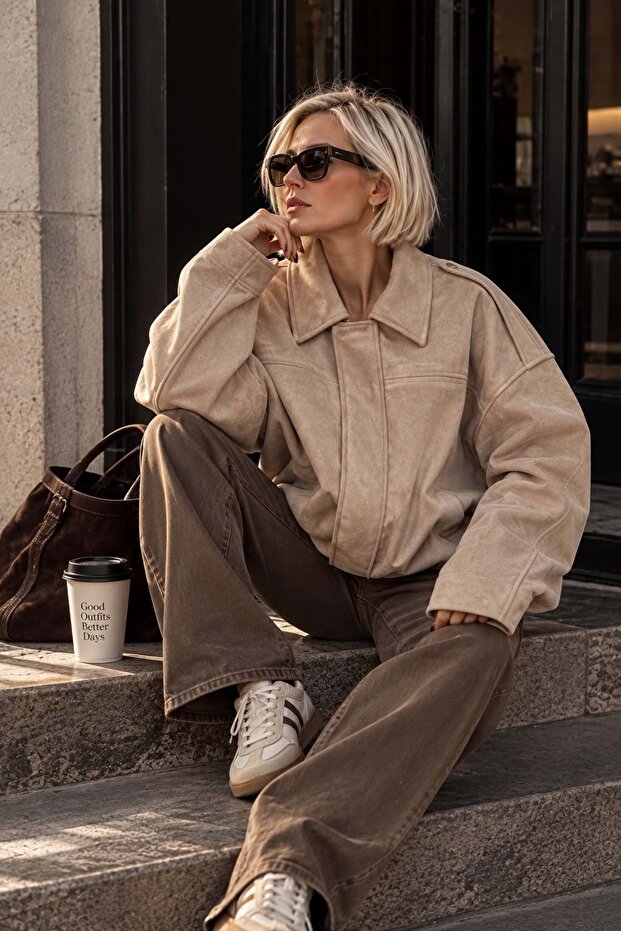 New season camel color suede bomber jacket - women's clothing