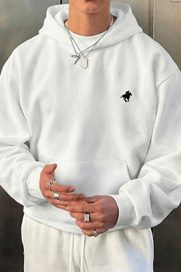 Three Thread Thick 100% Organic Cotton White Horse Printed Oversize Sweatshirt with Hood