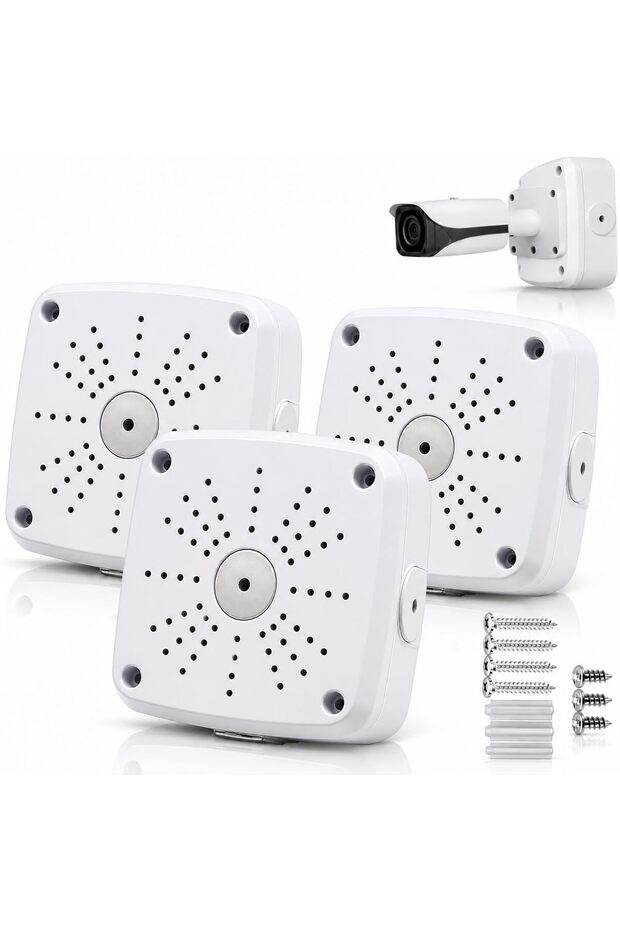 Metal CCTV Camera Junction Box 3-Pack, Security Camera Mounting Base, Metal Cable Management Box for Bullet CCTV Cameras, Camera Wall Mount Bracket with Screws & Wall Plugs, (3-Pack White)