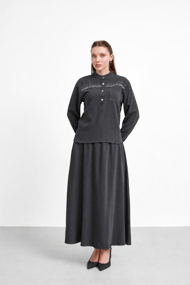 Stone Detailed Blouse and Long Skirt Set Anthracite 7582