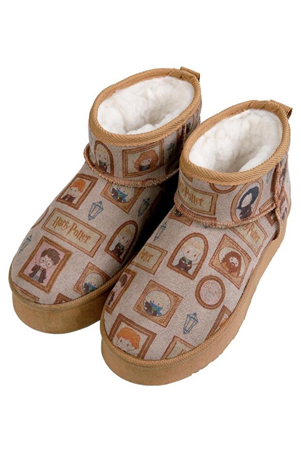 Women's Vegan Cream Plush Ankle Boots - Warner Bros Harry Potter Frames of Hogwarts Design