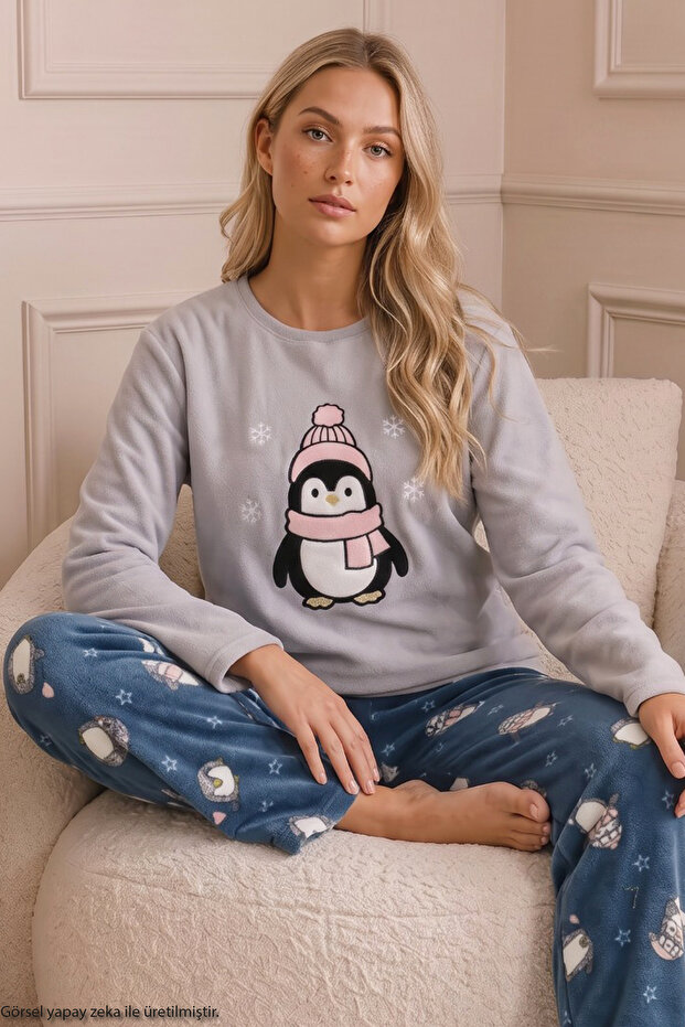 Gray Embroidered Top and Bottom Fleece Winter Knitted Pajama Set 26222126