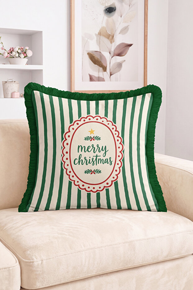 Merry Christmas Written Green Striped Fringed-Tasseled Throw Pillow Cover