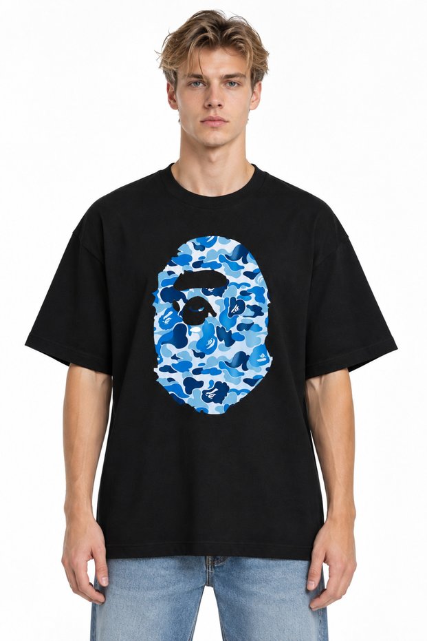 Unisex Women's Men's Bape Ocean Blue Patterned Design Printed Oversize Thick Fabric Relaxed Fit T-Shirt