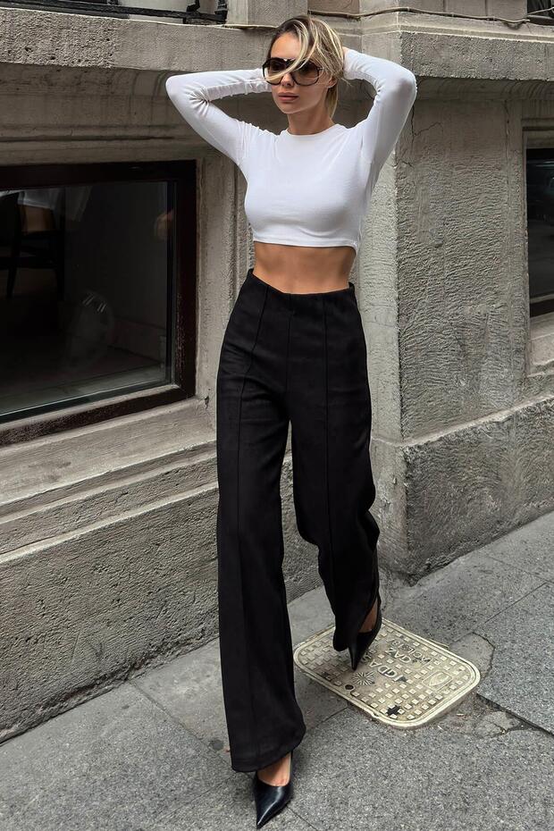 Black Wide Leg Scuba Suede Women's Trousers