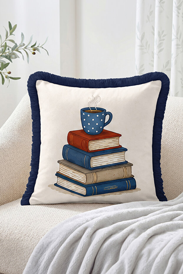 Book Tower and Coffee Cup Pattern Throw Pillow Cover with Fringe and Tassels for Book Lovers